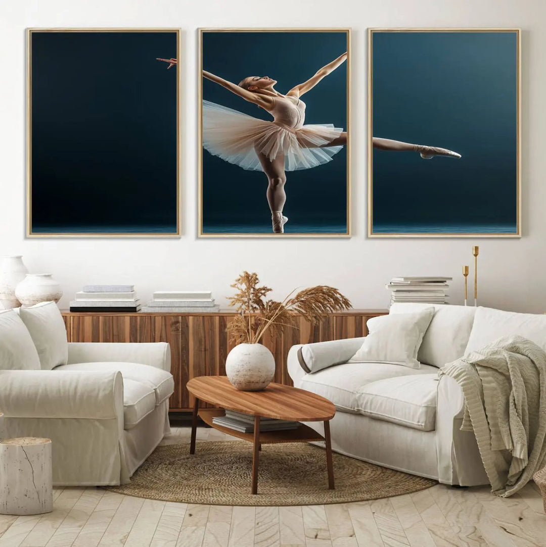 This stunning Ballerina Canvas Wall Art Print captures the elegance of a ballet dancer in motion, beautifully highlighted against a stage-like backdrop with delicate decor and natural elements. As graceful dance-inspired wall decor, it adds an element of grace and movement to any living room, office, or bedroom and is ready to hang.