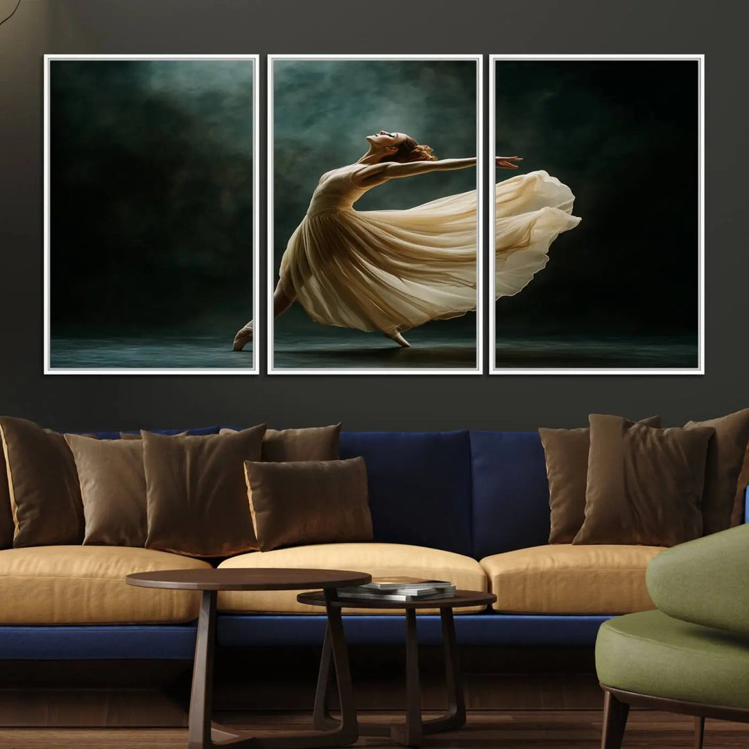 The Ballerina Canvas Wall Art Print, featuring an elegant ballet dancer in motion, beautifully enhances the space.