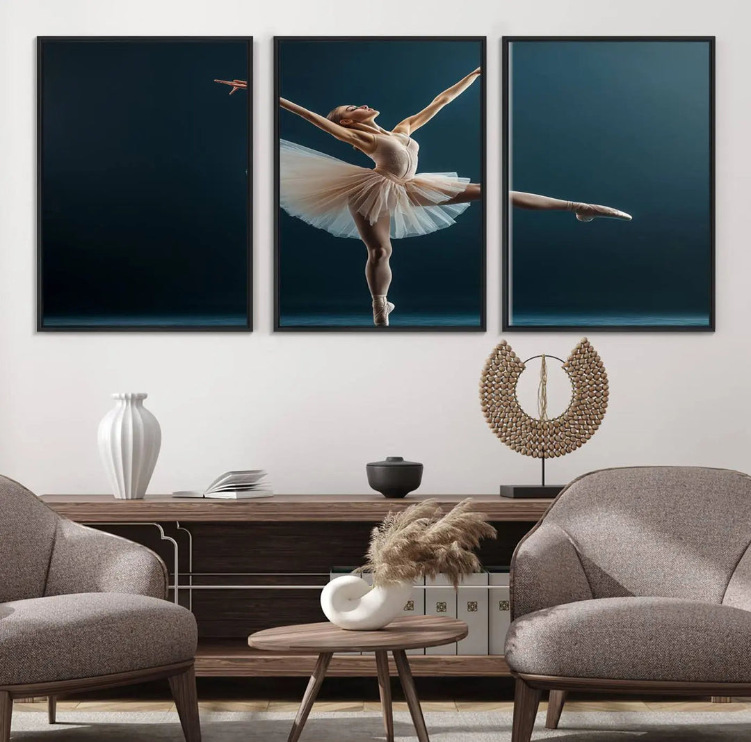 This stunning Ballerina Canvas Wall Art Print captures the elegance of a ballet dancer in motion, beautifully highlighted against a stage-like backdrop with delicate decor and natural elements. As graceful dance-inspired wall decor, it adds an element of grace and movement to any living room, office, or bedroom and is ready to hang.