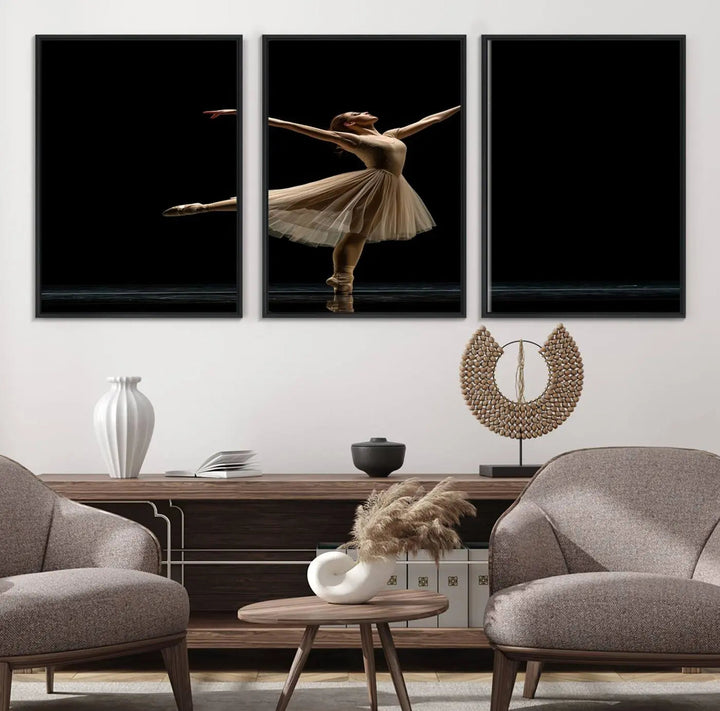 Displayed in a modern, minimalistic room is the Ballerina Canvas Wall Art Print titled "Elegant Ballet Dancer in Motion," an exquisite dance-inspired wall decor that captures the grace of a ballerina.