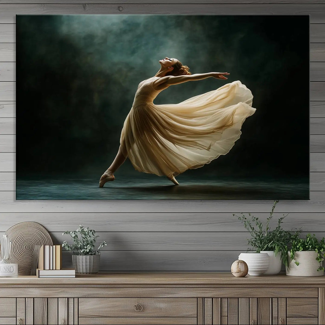 The Ballerina Canvas Wall Art Print, featuring an elegant ballet dancer in motion, beautifully enhances the space.