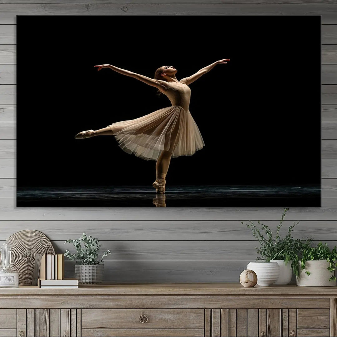 Displayed in a modern, minimalistic room is the Ballerina Canvas Wall Art Print titled "Elegant Ballet Dancer in Motion," an exquisite dance-inspired wall decor that captures the grace of a ballerina.