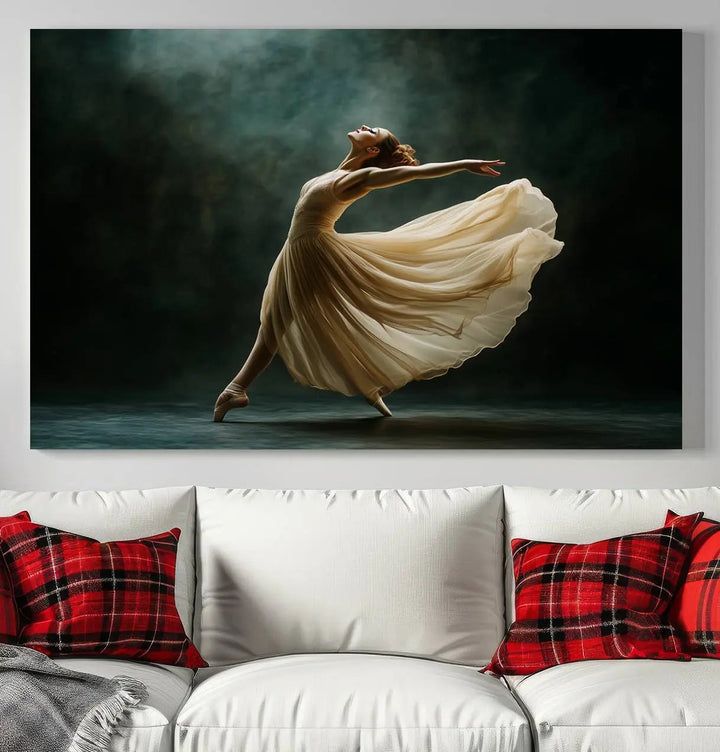 The Ballerina Canvas Wall Art Print, featuring an elegant ballet dancer in motion, beautifully enhances the space.