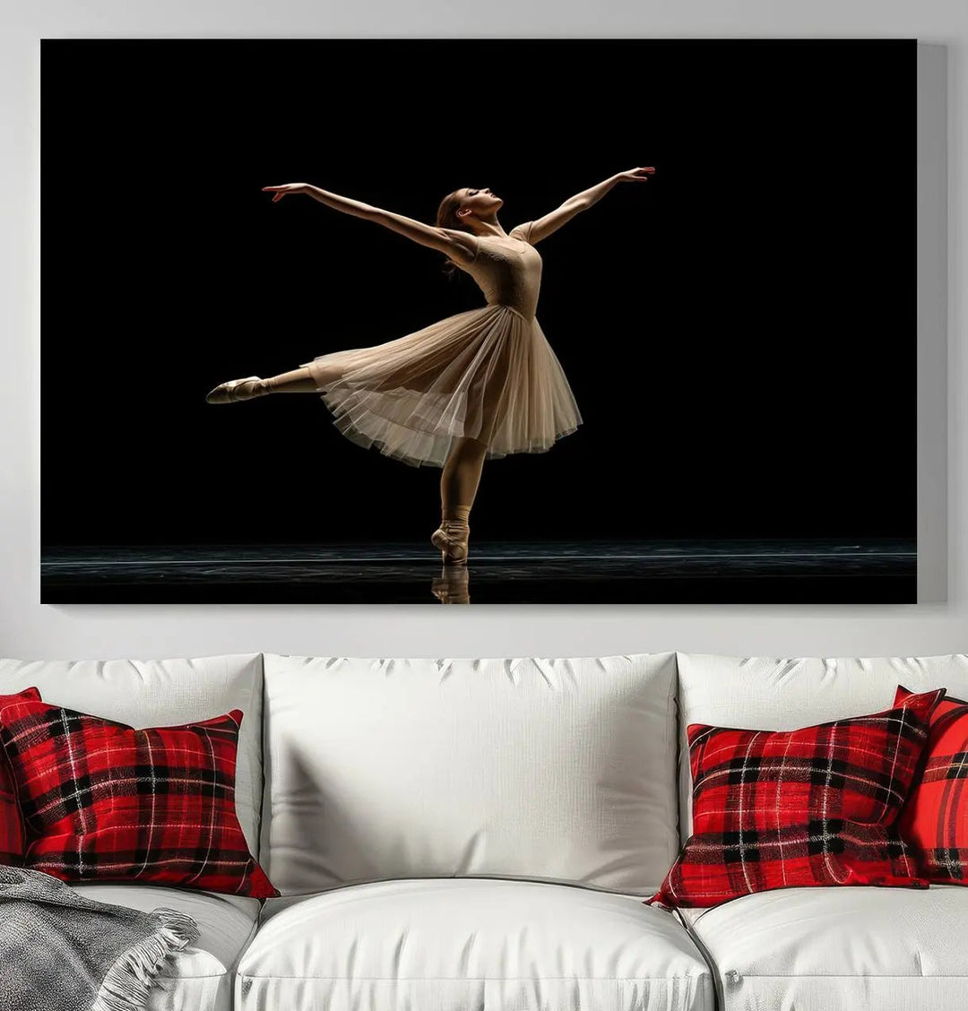 Displayed in a modern, minimalistic room is the Ballerina Canvas Wall Art Print titled "Elegant Ballet Dancer in Motion," an exquisite dance-inspired wall decor that captures the grace of a ballerina.