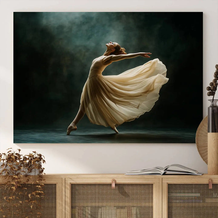 The Ballerina Canvas Wall Art Print, featuring an elegant ballet dancer in motion, beautifully enhances the space.