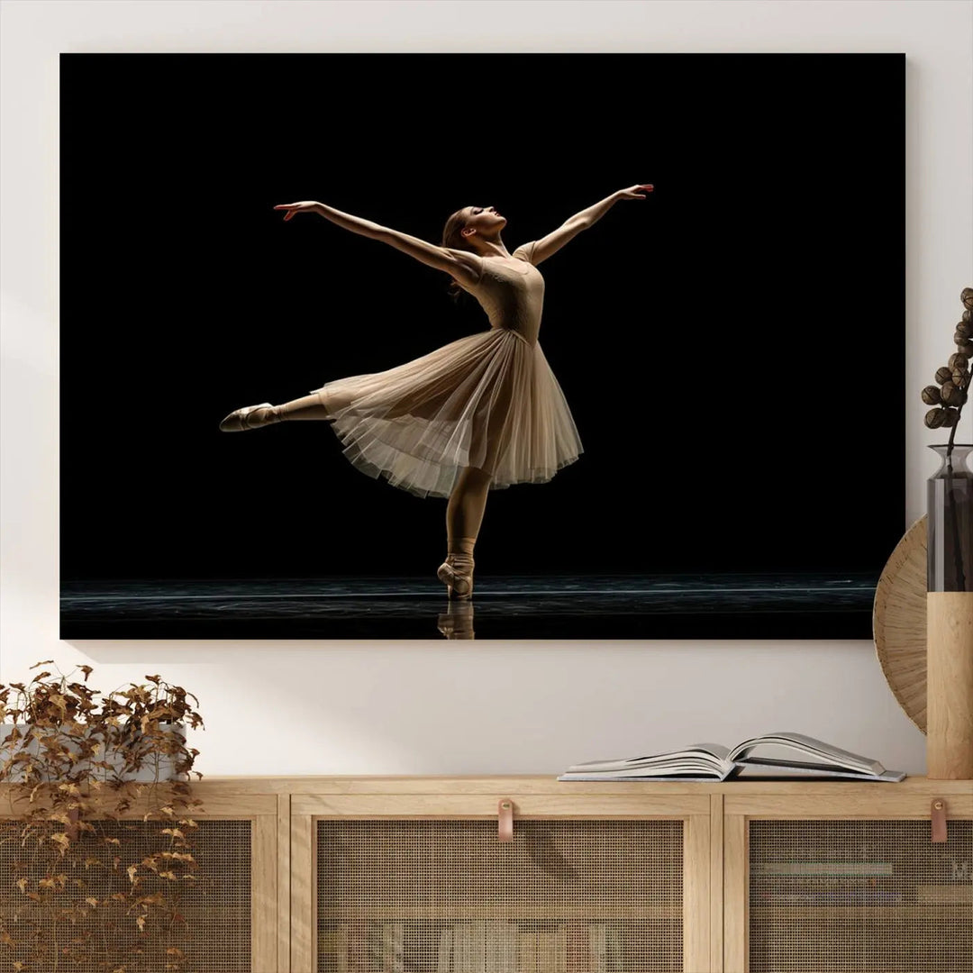 Displayed in a modern, minimalistic room is the Ballerina Canvas Wall Art Print titled "Elegant Ballet Dancer in Motion," an exquisite dance-inspired wall decor that captures the grace of a ballerina.