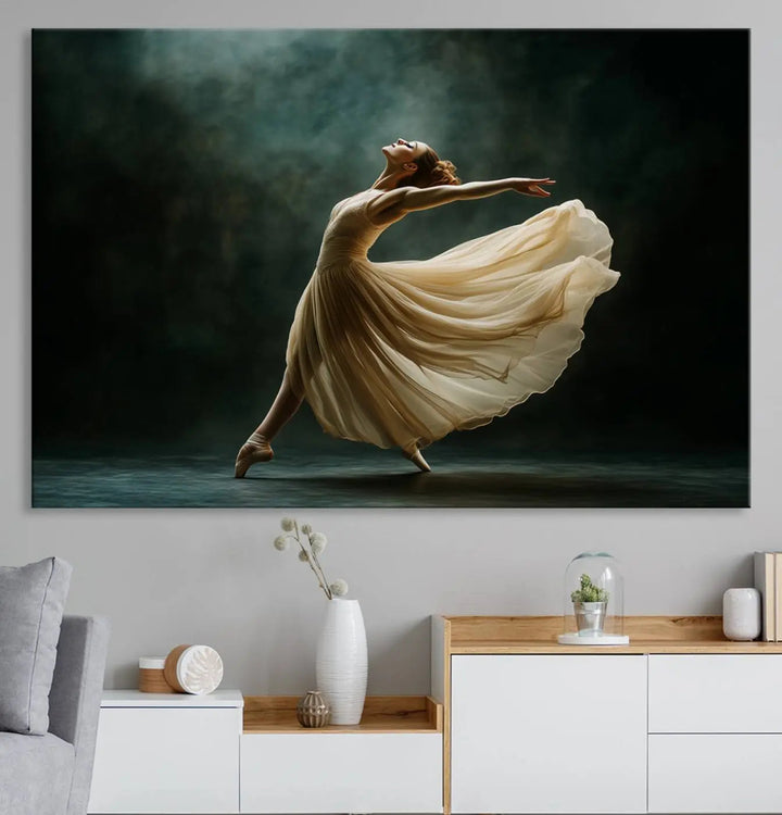 The Ballerina Canvas Wall Art Print, featuring an elegant ballet dancer in motion, beautifully enhances the space.