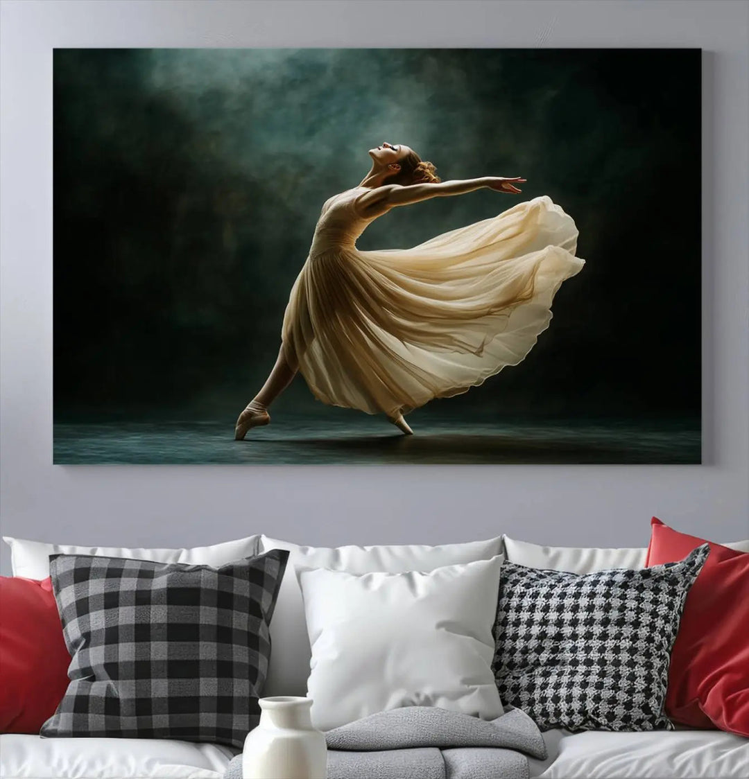 The Ballerina Canvas Wall Art Print, featuring an elegant ballet dancer in motion, beautifully enhances the space.