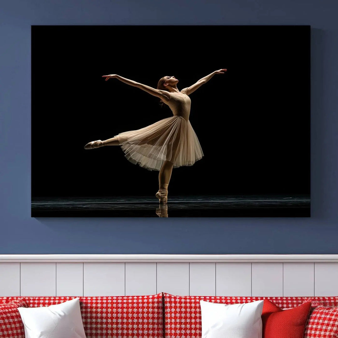 Displayed in a modern, minimalistic room is the Ballerina Canvas Wall Art Print titled "Elegant Ballet Dancer in Motion," an exquisite dance-inspired wall decor that captures the grace of a ballerina.