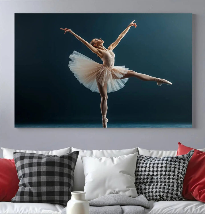 This stunning Ballerina Canvas Wall Art Print captures the elegance of a ballet dancer in motion, beautifully highlighted against a stage-like backdrop with delicate decor and natural elements. As graceful dance-inspired wall decor, it adds an element of grace and movement to any living room, office, or bedroom and is ready to hang.