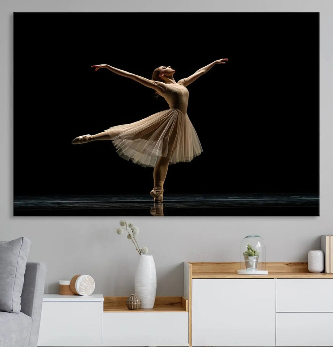 Displayed in a modern, minimalistic room is the Ballerina Canvas Wall Art Print titled "Elegant Ballet Dancer in Motion," an exquisite dance-inspired wall decor that captures the grace of a ballerina.