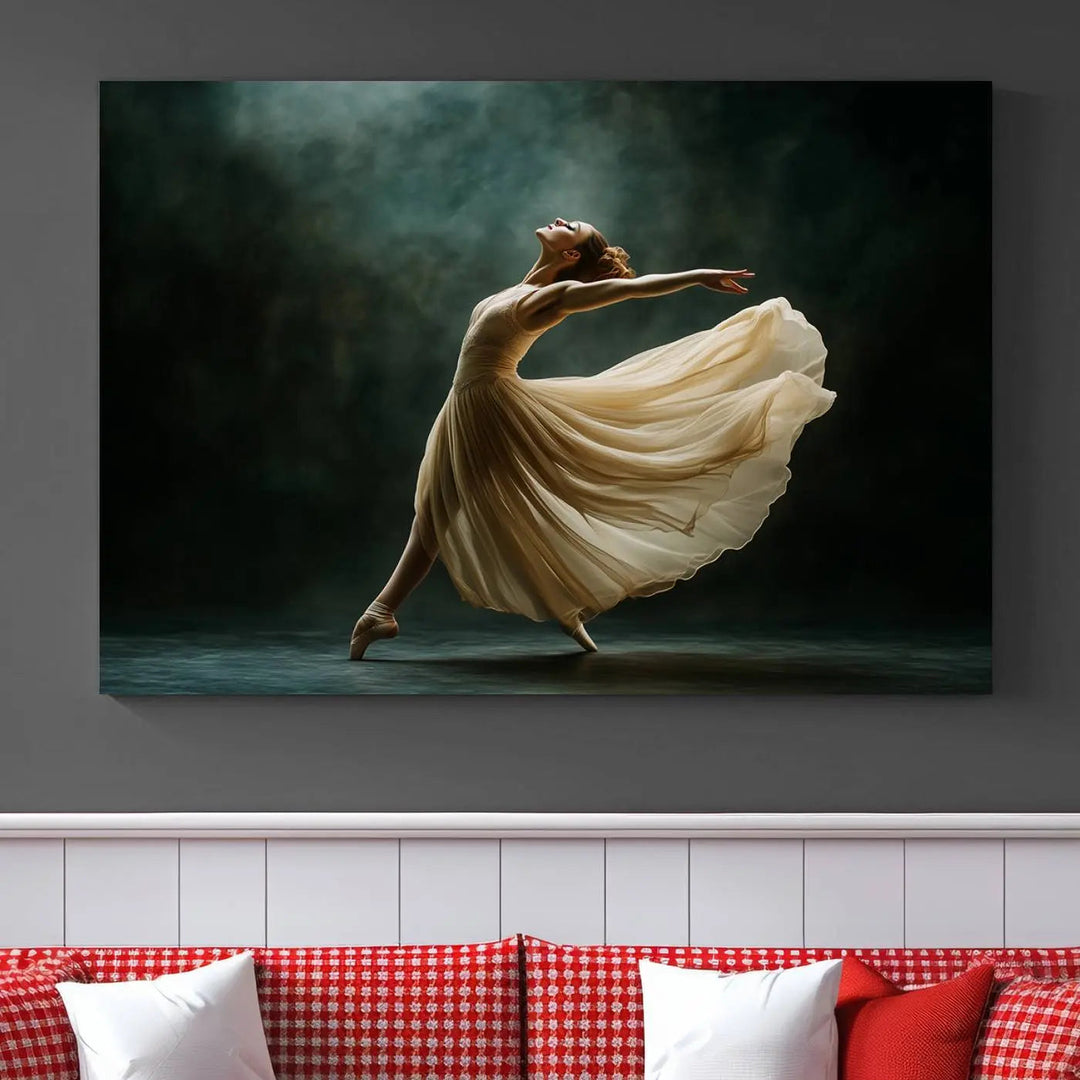 The Ballerina Canvas Wall Art Print, featuring an elegant ballet dancer in motion, beautifully enhances the space.