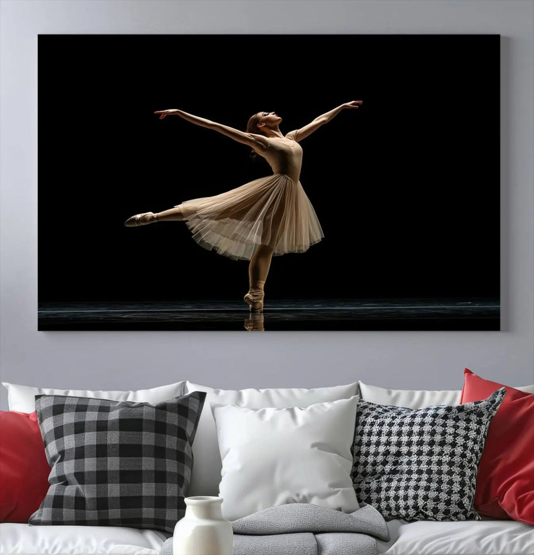 Displayed in a modern, minimalistic room is the Ballerina Canvas Wall Art Print titled "Elegant Ballet Dancer in Motion," an exquisite dance-inspired wall decor that captures the grace of a ballerina.