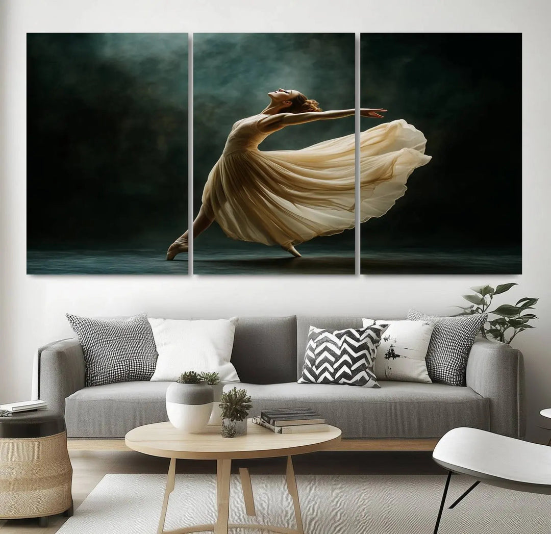 The Ballerina Canvas Wall Art Print, featuring an elegant ballet dancer in motion, beautifully enhances the space.