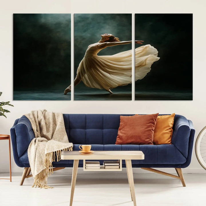 The Ballerina Canvas Wall Art Print, featuring an elegant ballet dancer in motion, beautifully enhances the space.