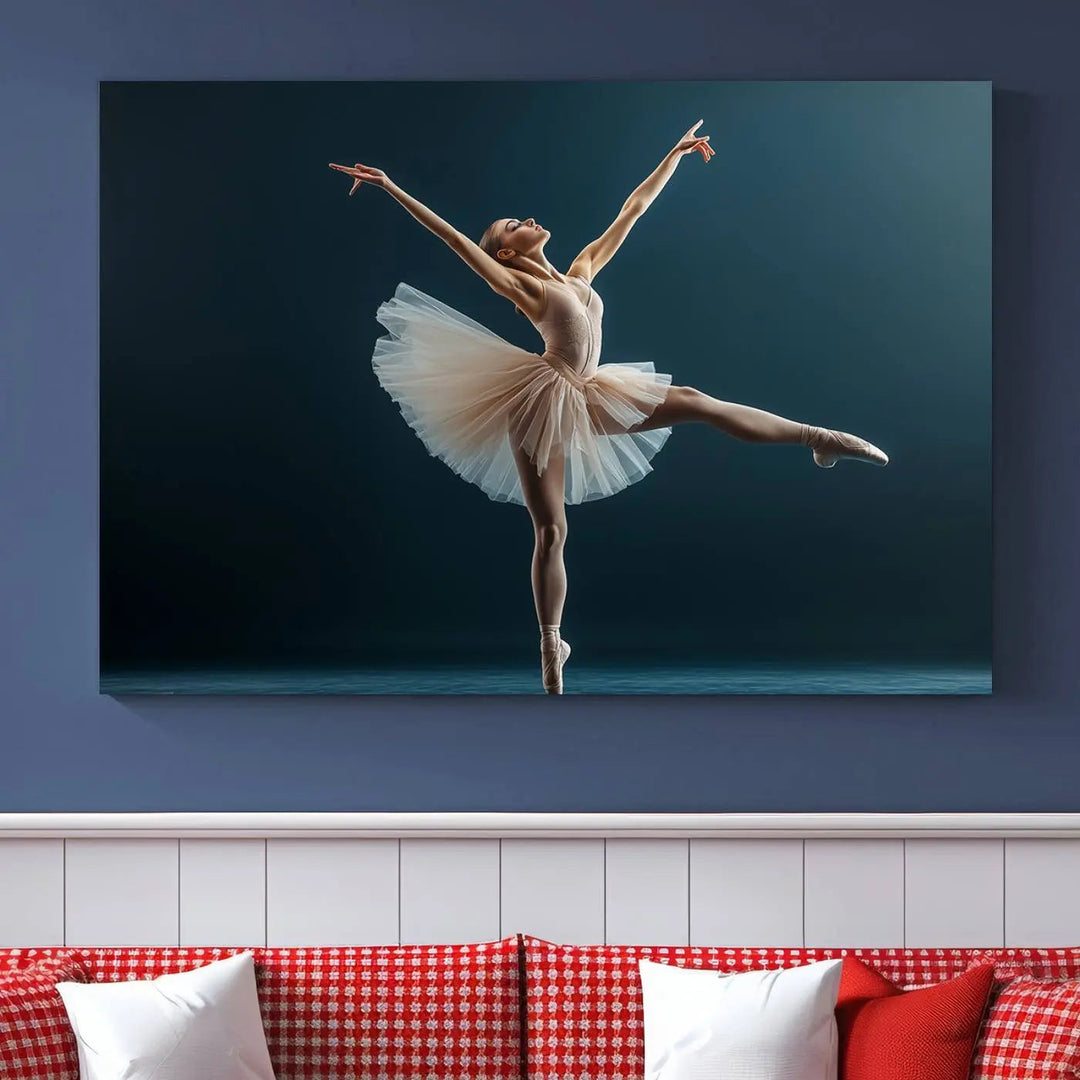 This stunning Ballerina Canvas Wall Art Print captures the elegance of a ballet dancer in motion, beautifully highlighted against a stage-like backdrop with delicate decor and natural elements. As graceful dance-inspired wall decor, it adds an element of grace and movement to any living room, office, or bedroom and is ready to hang.