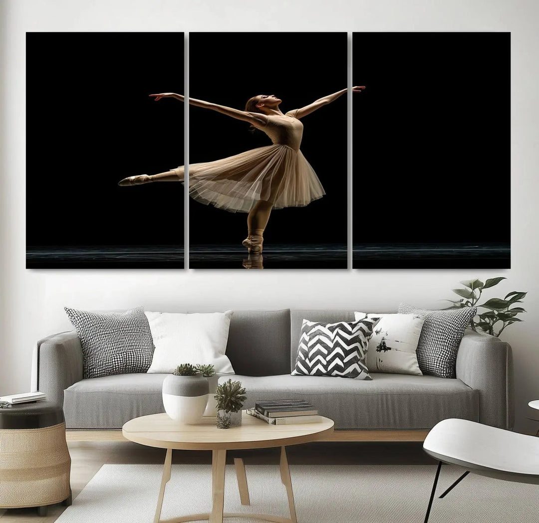 Displayed in a modern, minimalistic room is the Ballerina Canvas Wall Art Print titled "Elegant Ballet Dancer in Motion," an exquisite dance-inspired wall decor that captures the grace of a ballerina.