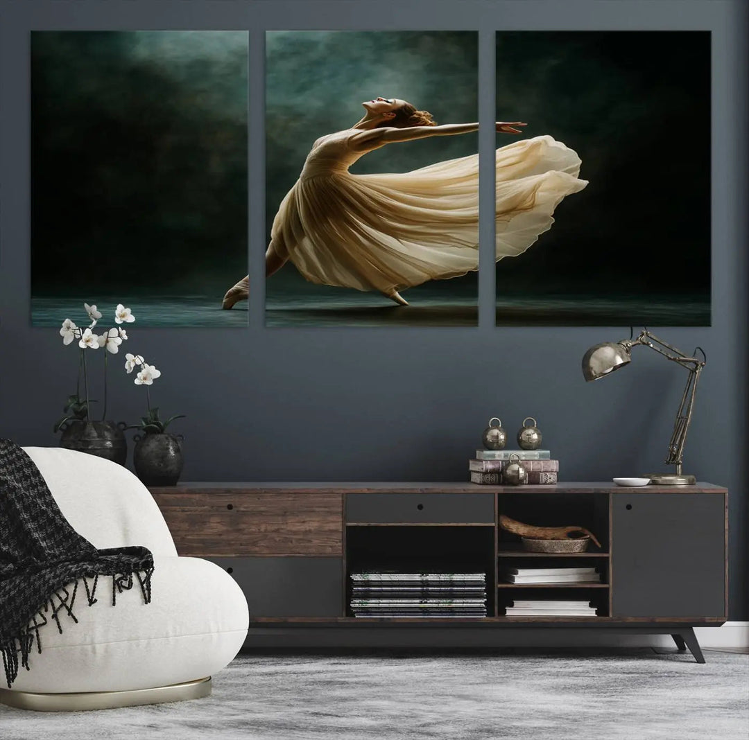 The Ballerina Canvas Wall Art Print, featuring an elegant ballet dancer in motion, beautifully enhances the space.