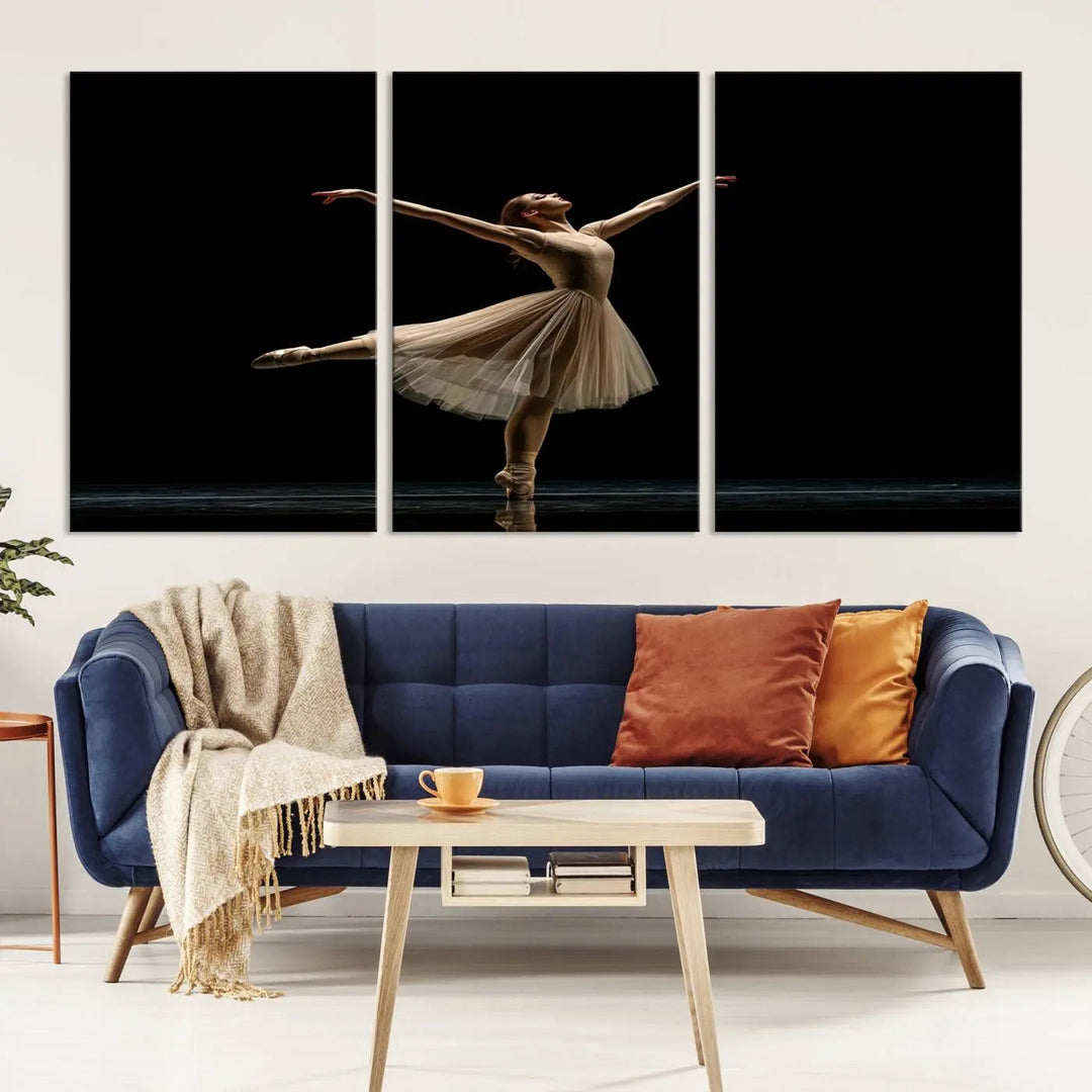 Displayed in a modern, minimalistic room is the Ballerina Canvas Wall Art Print titled "Elegant Ballet Dancer in Motion," an exquisite dance-inspired wall decor that captures the grace of a ballerina.