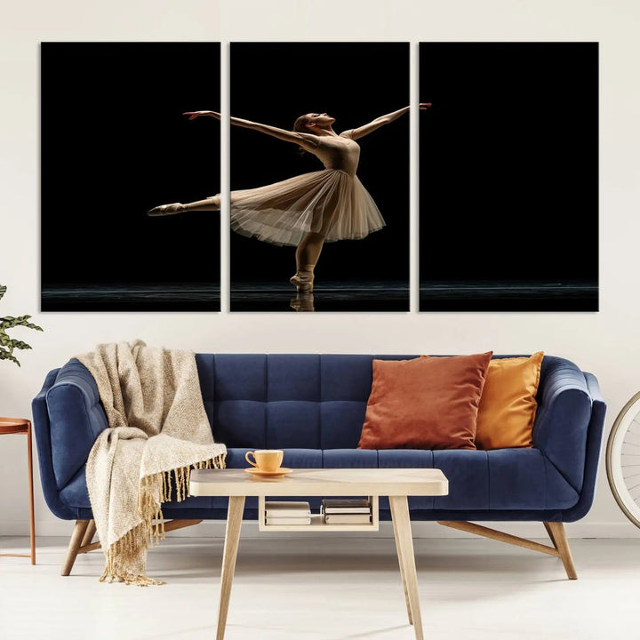 Displayed in a modern, minimalistic room is the Ballerina Canvas Wall Art Print titled "Elegant Ballet Dancer in Motion," an exquisite dance-inspired wall decor that captures the grace of a ballerina.