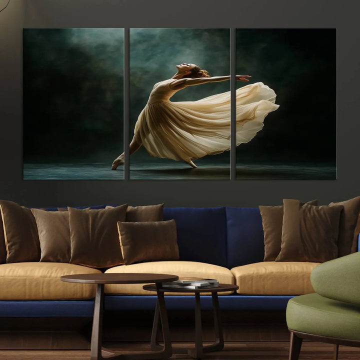 The Ballerina Canvas Wall Art Print, featuring an elegant ballet dancer in motion, beautifully enhances the space.