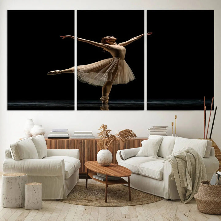 Displayed in a modern, minimalistic room is the Ballerina Canvas Wall Art Print titled "Elegant Ballet Dancer in Motion," an exquisite dance-inspired wall decor that captures the grace of a ballerina.