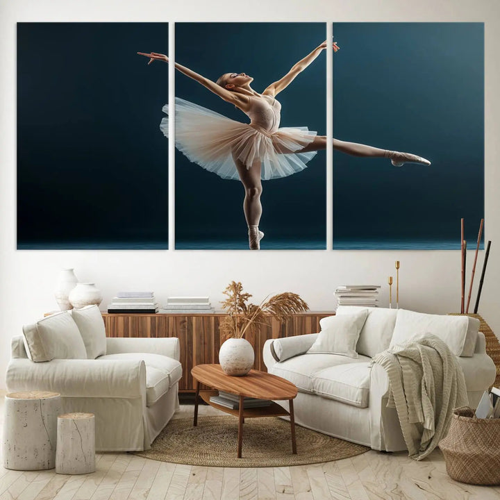 This stunning Ballerina Canvas Wall Art Print captures the elegance of a ballet dancer in motion, beautifully highlighted against a stage-like backdrop with delicate decor and natural elements. As graceful dance-inspired wall decor, it adds an element of grace and movement to any living room, office, or bedroom and is ready to hang.