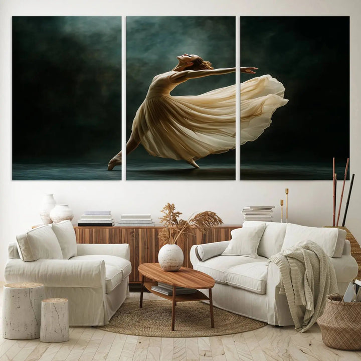 The Ballerina Canvas Wall Art Print, featuring an elegant ballet dancer in motion, beautifully enhances the space.