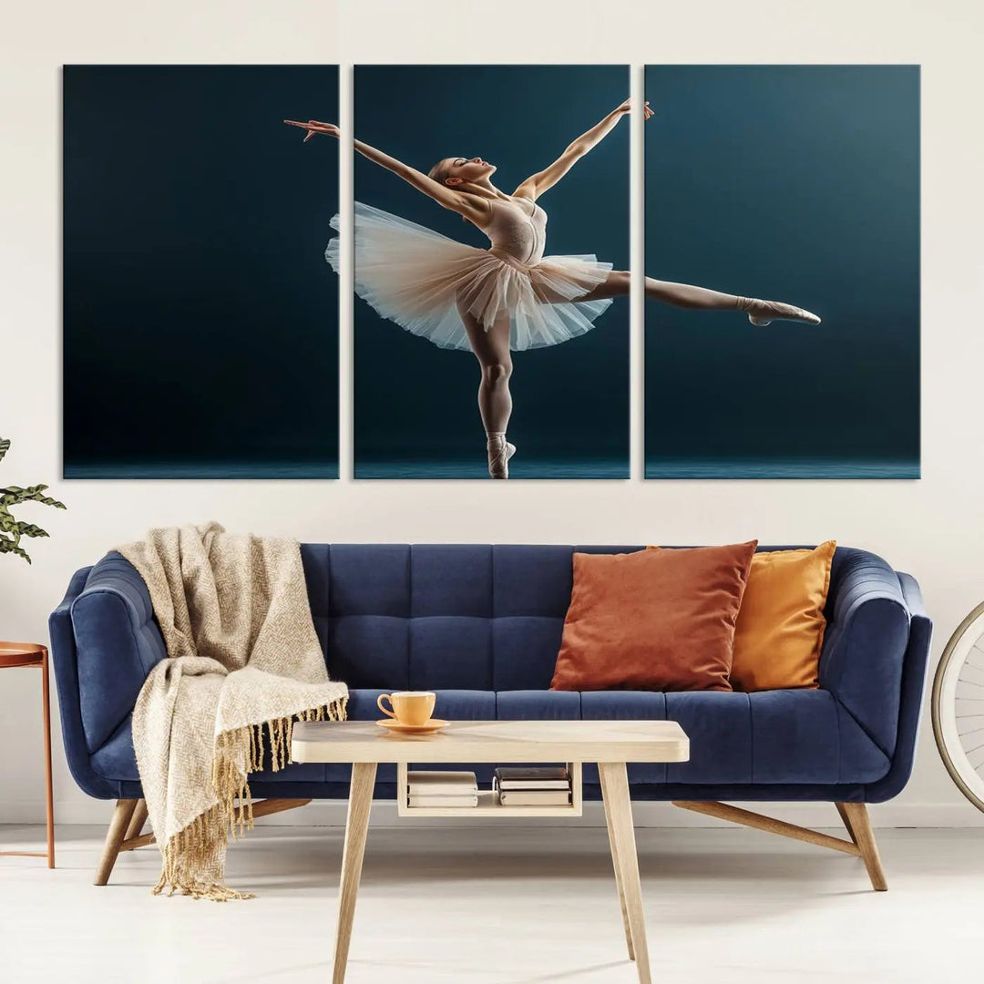 This stunning Ballerina Canvas Wall Art Print captures the elegance of a ballet dancer in motion, beautifully highlighted against a stage-like backdrop with delicate decor and natural elements. As graceful dance-inspired wall decor, it adds an element of grace and movement to any living room, office, or bedroom and is ready to hang.