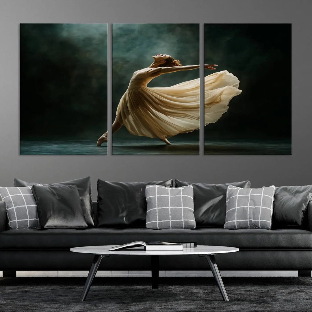 The Ballerina Canvas Wall Art Print, featuring an elegant ballet dancer in motion, beautifully enhances the space.