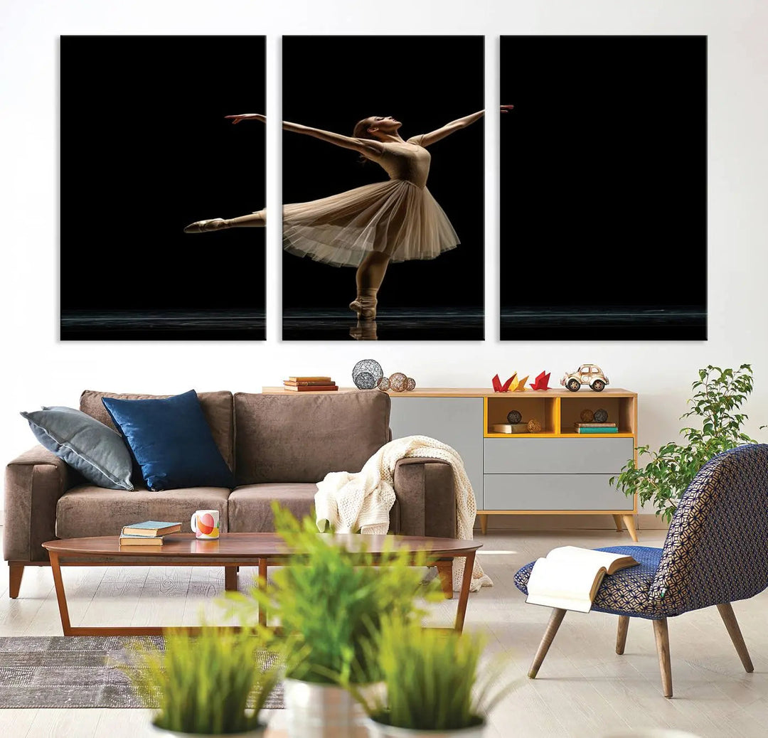 Displayed in a modern, minimalistic room is the Ballerina Canvas Wall Art Print titled "Elegant Ballet Dancer in Motion," an exquisite dance-inspired wall decor that captures the grace of a ballerina.