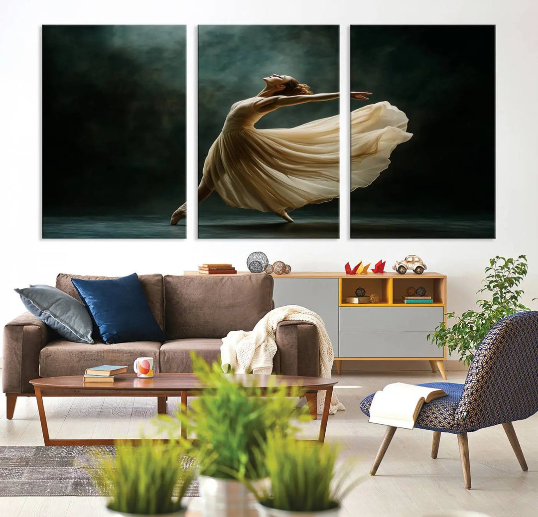 The Ballerina Canvas Wall Art Print, featuring an elegant ballet dancer in motion, beautifully enhances the space.