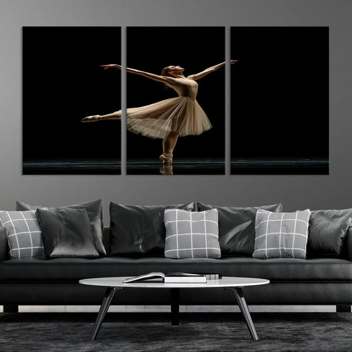 Displayed in a modern, minimalistic room is the Ballerina Canvas Wall Art Print titled "Elegant Ballet Dancer in Motion," an exquisite dance-inspired wall decor that captures the grace of a ballerina.