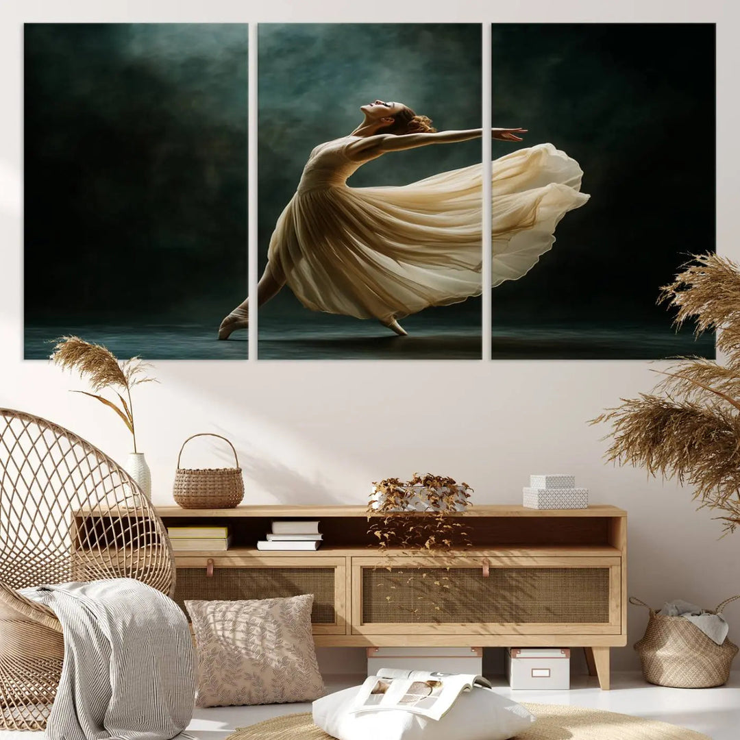 The Ballerina Canvas Wall Art Print, featuring an elegant ballet dancer in motion, beautifully enhances the space.