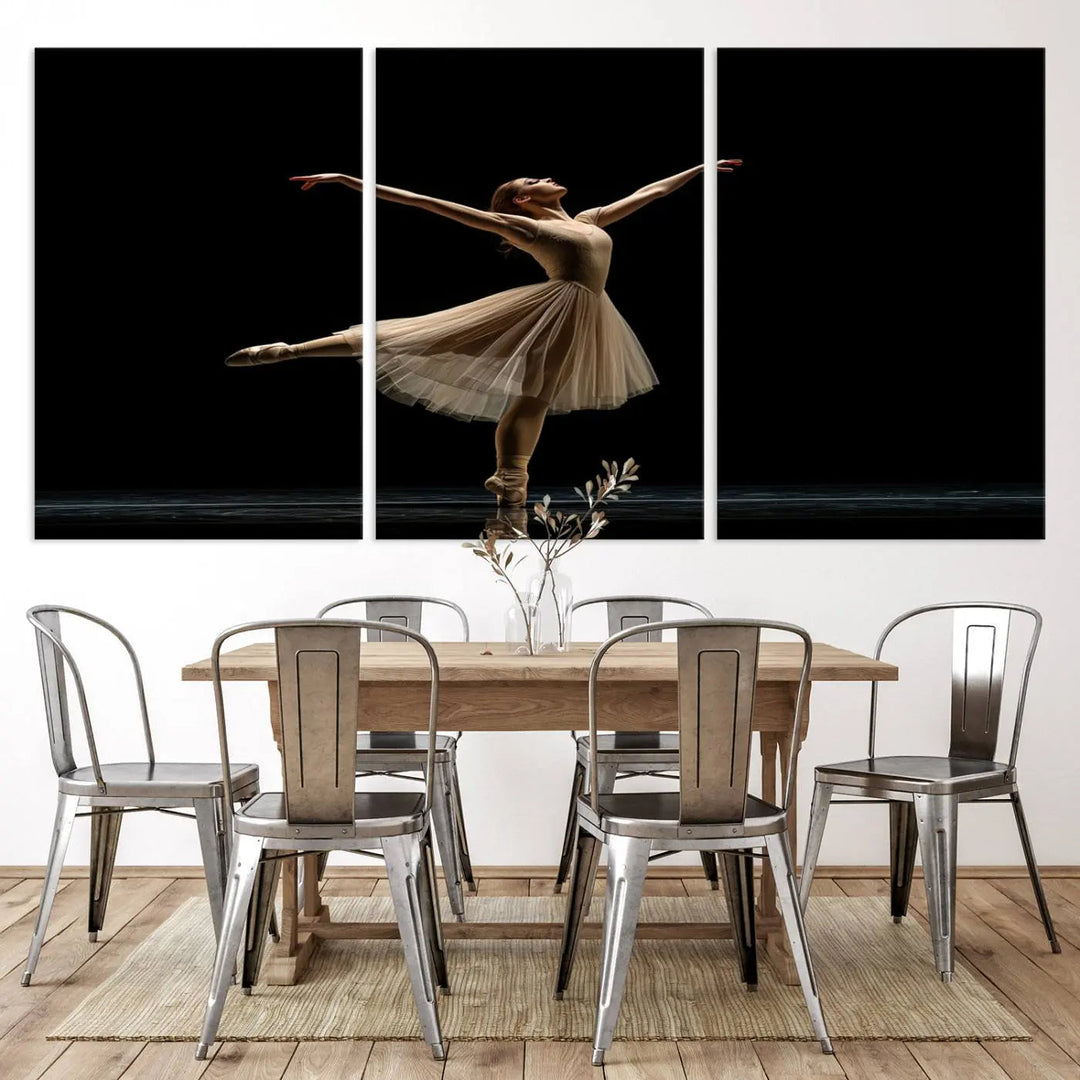 Displayed in a modern, minimalistic room is the Ballerina Canvas Wall Art Print titled "Elegant Ballet Dancer in Motion," an exquisite dance-inspired wall decor that captures the grace of a ballerina.