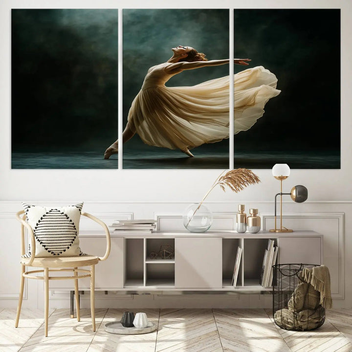 The Ballerina Canvas Wall Art Print, featuring an elegant ballet dancer in motion, beautifully enhances the space.