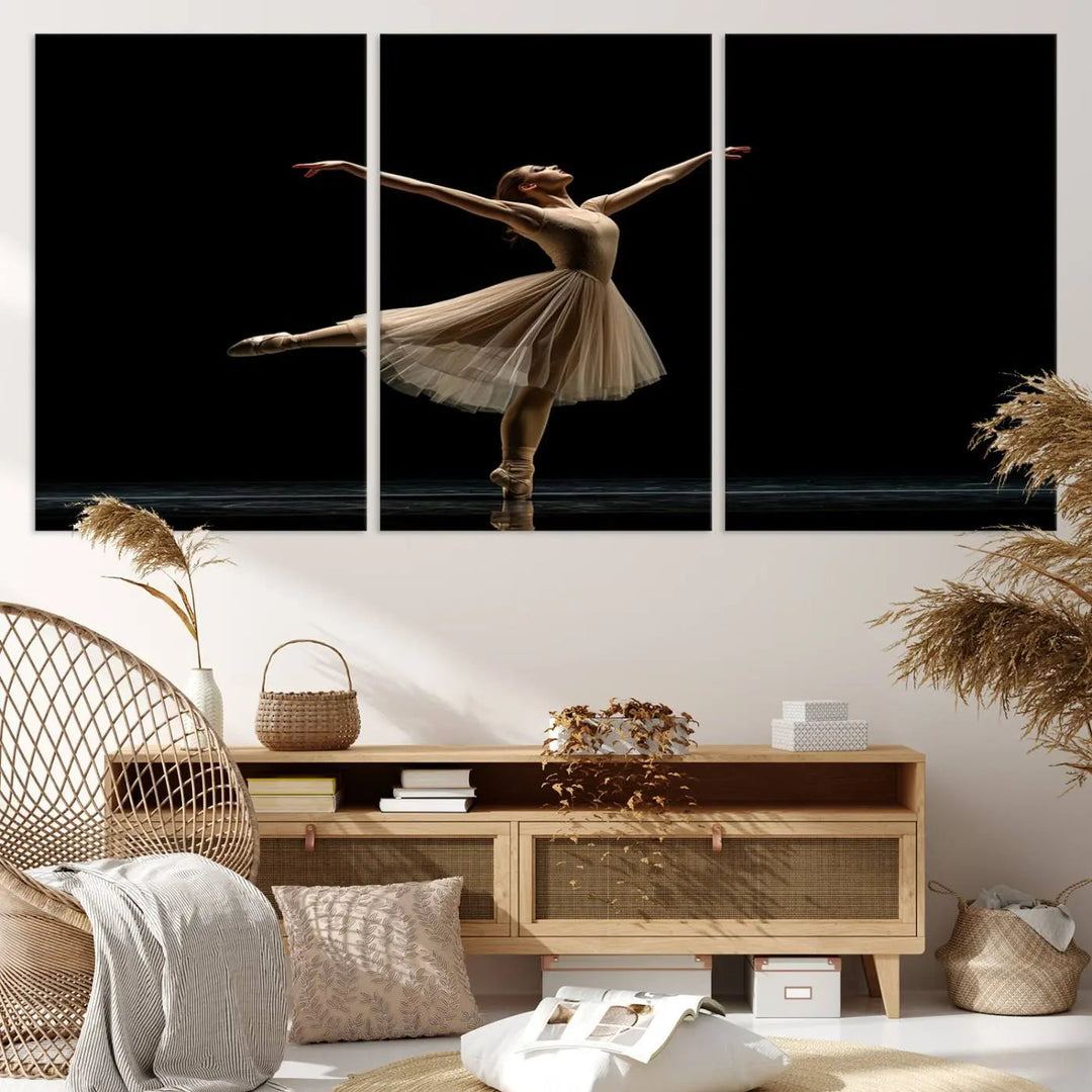 Displayed in a modern, minimalistic room is the Ballerina Canvas Wall Art Print titled "Elegant Ballet Dancer in Motion," an exquisite dance-inspired wall decor that captures the grace of a ballerina.