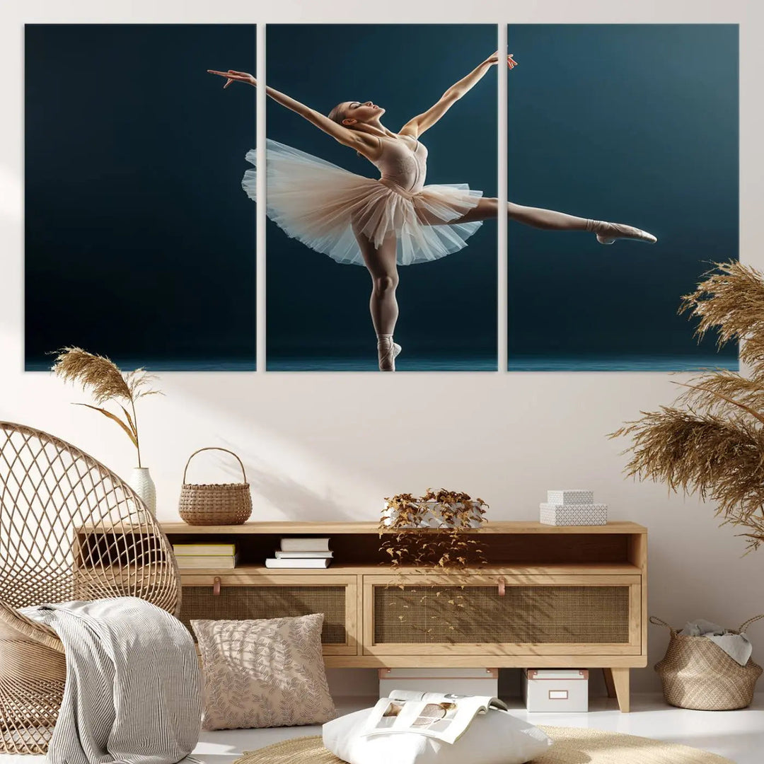 This stunning Ballerina Canvas Wall Art Print captures the elegance of a ballet dancer in motion, beautifully highlighted against a stage-like backdrop with delicate decor and natural elements. As graceful dance-inspired wall decor, it adds an element of grace and movement to any living room, office, or bedroom and is ready to hang.