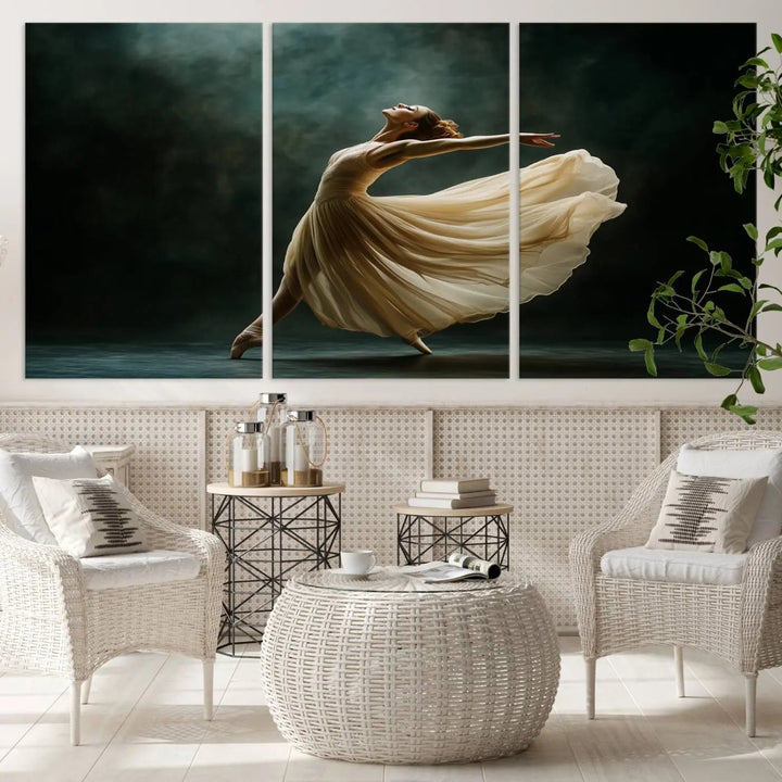 The Ballerina Canvas Wall Art Print, featuring an elegant ballet dancer in motion, beautifully enhances the space.