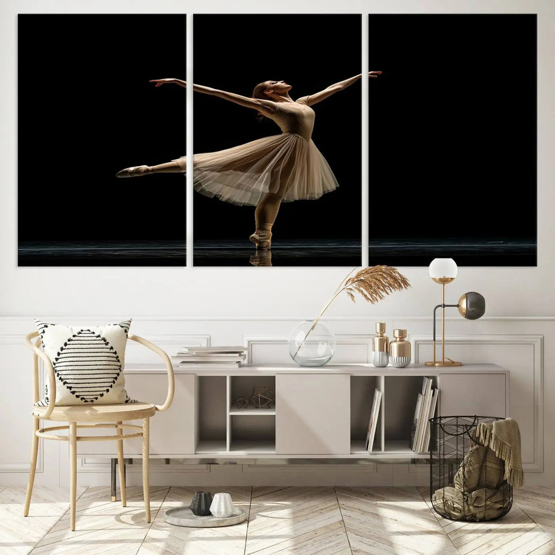 Displayed in a modern, minimalistic room is the Ballerina Canvas Wall Art Print titled "Elegant Ballet Dancer in Motion," an exquisite dance-inspired wall decor that captures the grace of a ballerina.