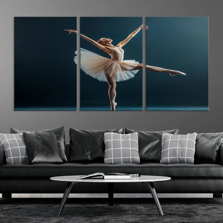 This stunning Ballerina Canvas Wall Art Print captures the elegance of a ballet dancer in motion, beautifully highlighted against a stage-like backdrop with delicate decor and natural elements. As graceful dance-inspired wall decor, it adds an element of grace and movement to any living room, office, or bedroom and is ready to hang.