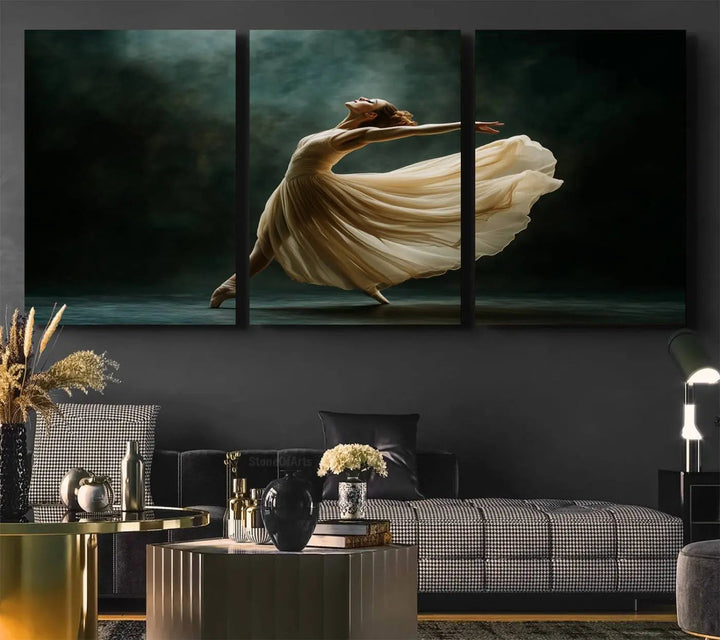 The Ballerina Canvas Wall Art Print, featuring an elegant ballet dancer in motion, beautifully enhances the space.