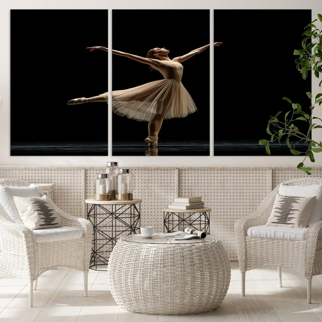 Displayed in a modern, minimalistic room is the Ballerina Canvas Wall Art Print titled "Elegant Ballet Dancer in Motion," an exquisite dance-inspired wall decor that captures the grace of a ballerina.