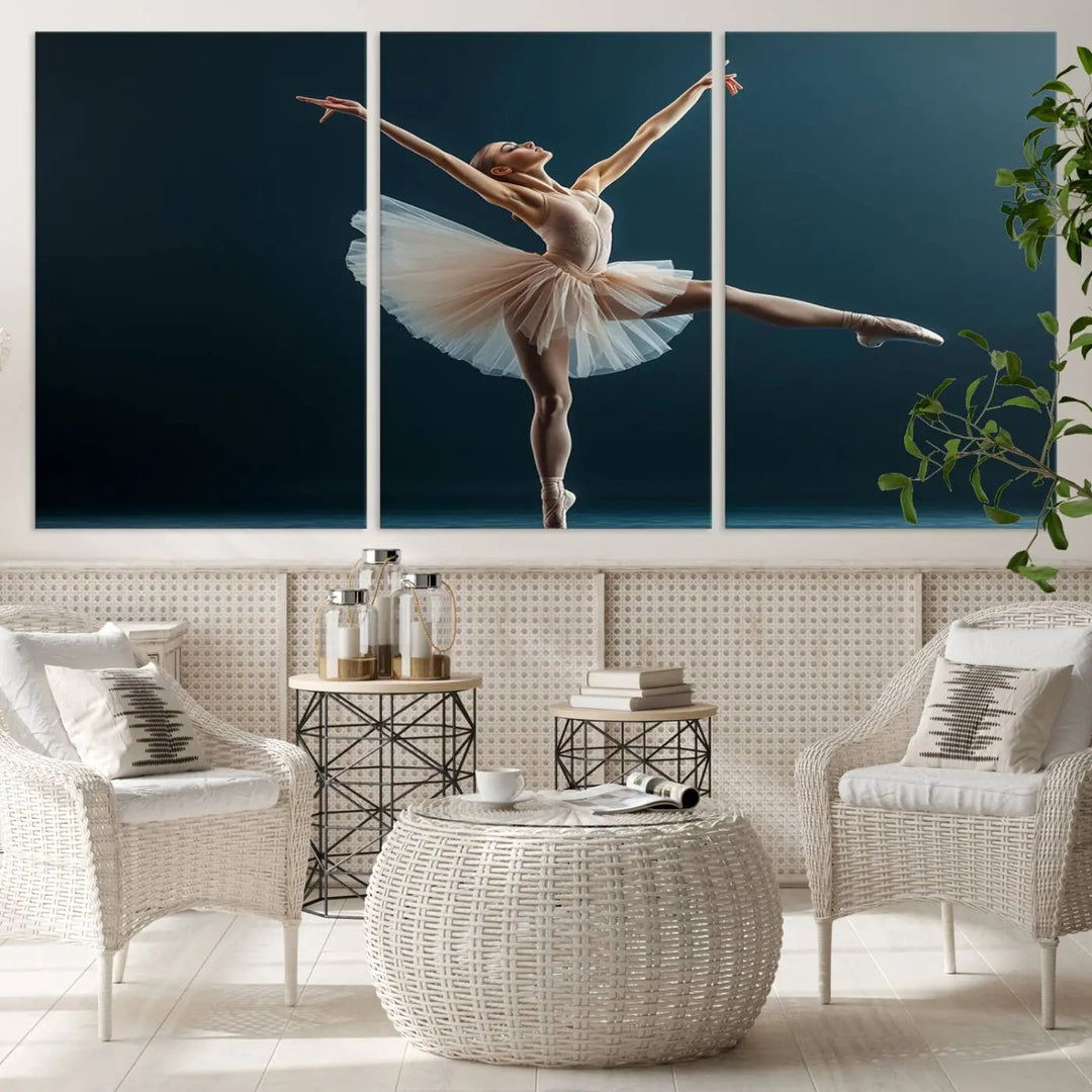 This stunning Ballerina Canvas Wall Art Print captures the elegance of a ballet dancer in motion, beautifully highlighted against a stage-like backdrop with delicate decor and natural elements. As graceful dance-inspired wall decor, it adds an element of grace and movement to any living room, office, or bedroom and is ready to hang.