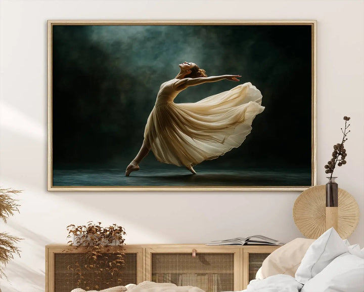 The Ballerina Canvas Wall Art Print, featuring an elegant ballet dancer in motion, beautifully enhances the space.