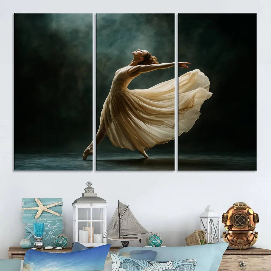 The Ballerina Canvas Wall Art Print, featuring an elegant ballet dancer in motion, beautifully enhances the space.