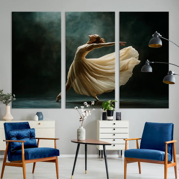 The Ballerina Canvas Wall Art Print, featuring an elegant ballet dancer in motion, beautifully enhances the space.