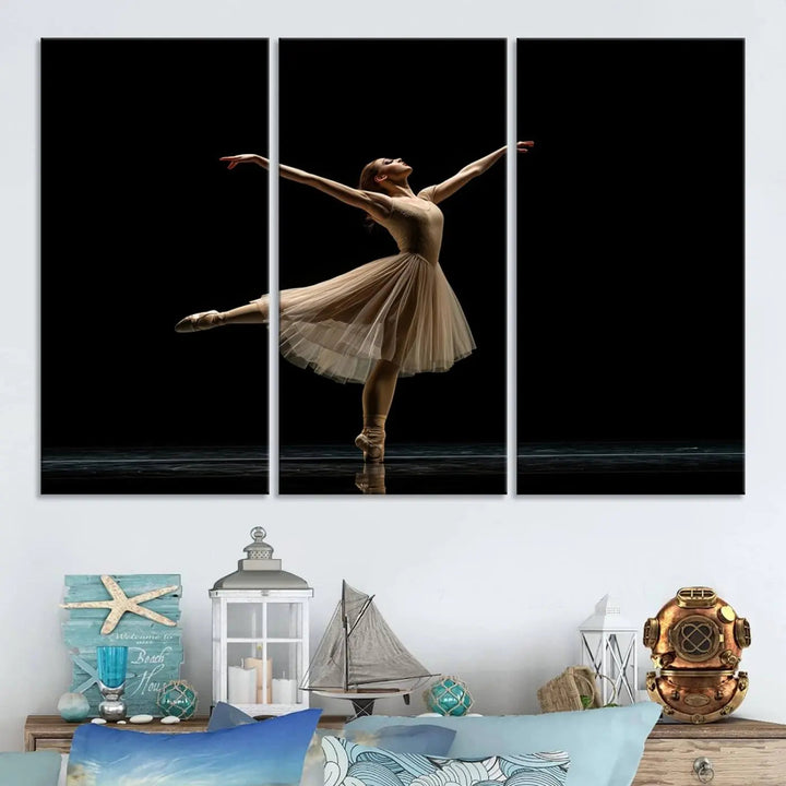 Displayed in a modern, minimalistic room is the Ballerina Canvas Wall Art Print titled "Elegant Ballet Dancer in Motion," an exquisite dance-inspired wall decor that captures the grace of a ballerina.