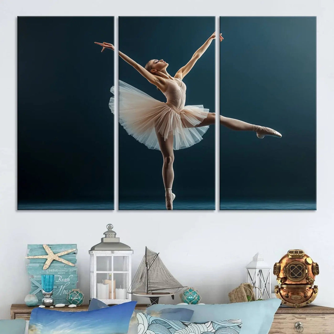 This stunning Ballerina Canvas Wall Art Print captures the elegance of a ballet dancer in motion, beautifully highlighted against a stage-like backdrop with delicate decor and natural elements. As graceful dance-inspired wall decor, it adds an element of grace and movement to any living room, office, or bedroom and is ready to hang.