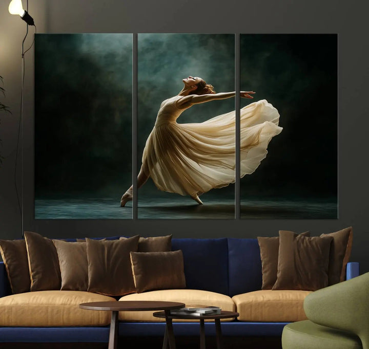 The Ballerina Canvas Wall Art Print, featuring an elegant ballet dancer in motion, beautifully enhances the space.